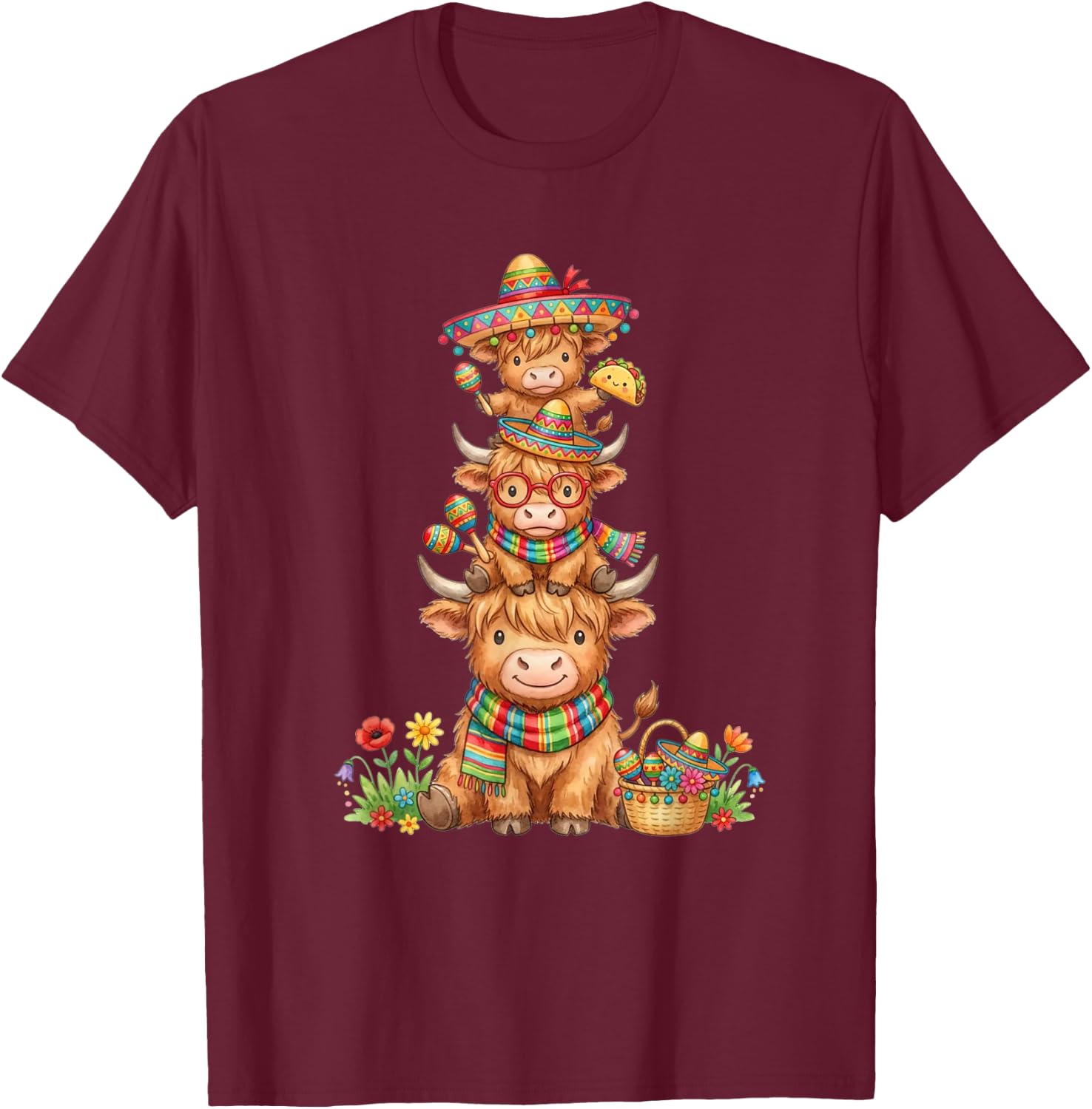 Highland Cow Fiesta with Sombrero and Maracas Cinco De Mayo T-Shirt - T-Shirt | Maroon