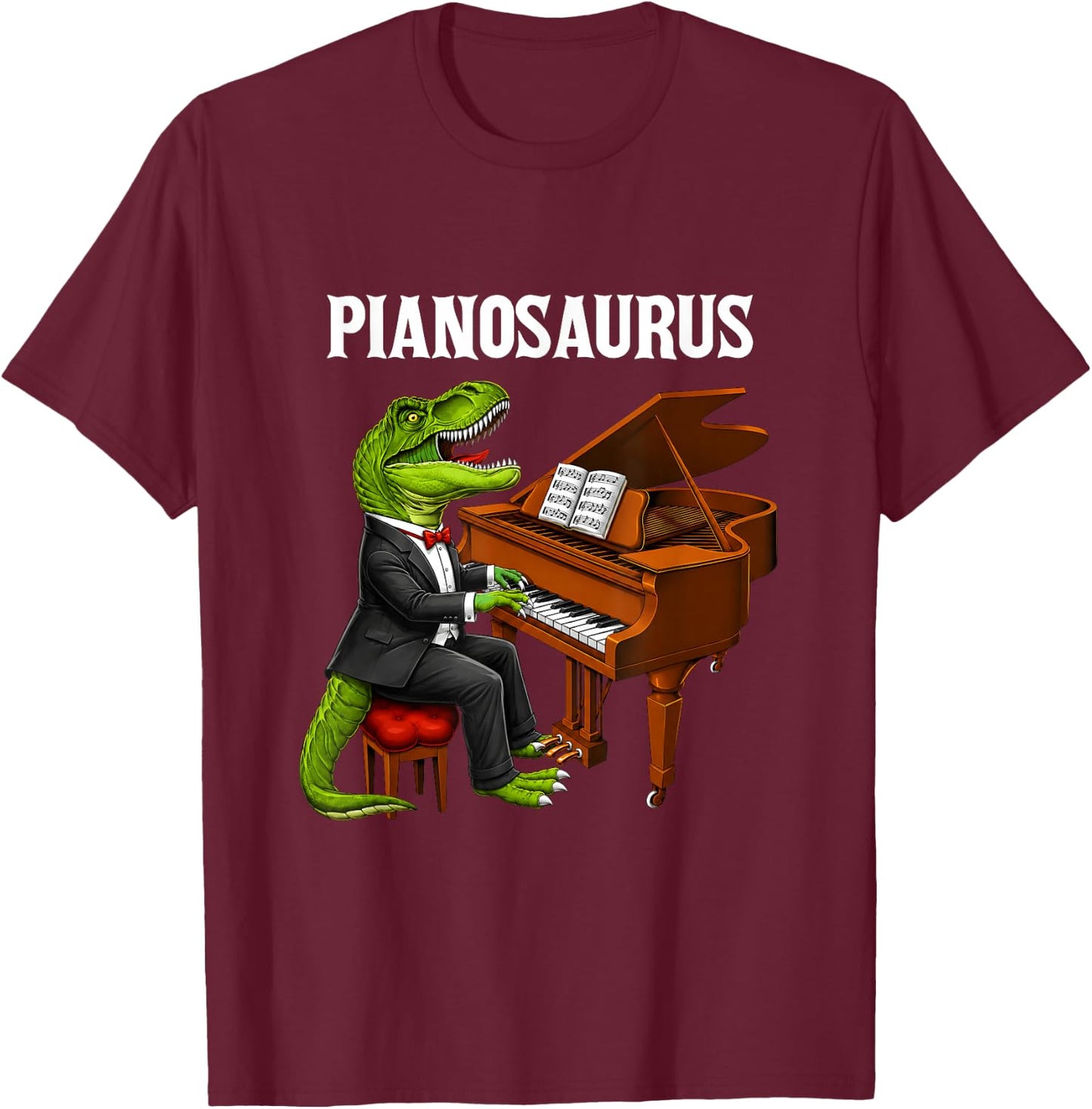Pianosaurus Funny Piano Playing T-Rex Dinosaur Music Lover T-Shirt - T-Shirt | Maroon
