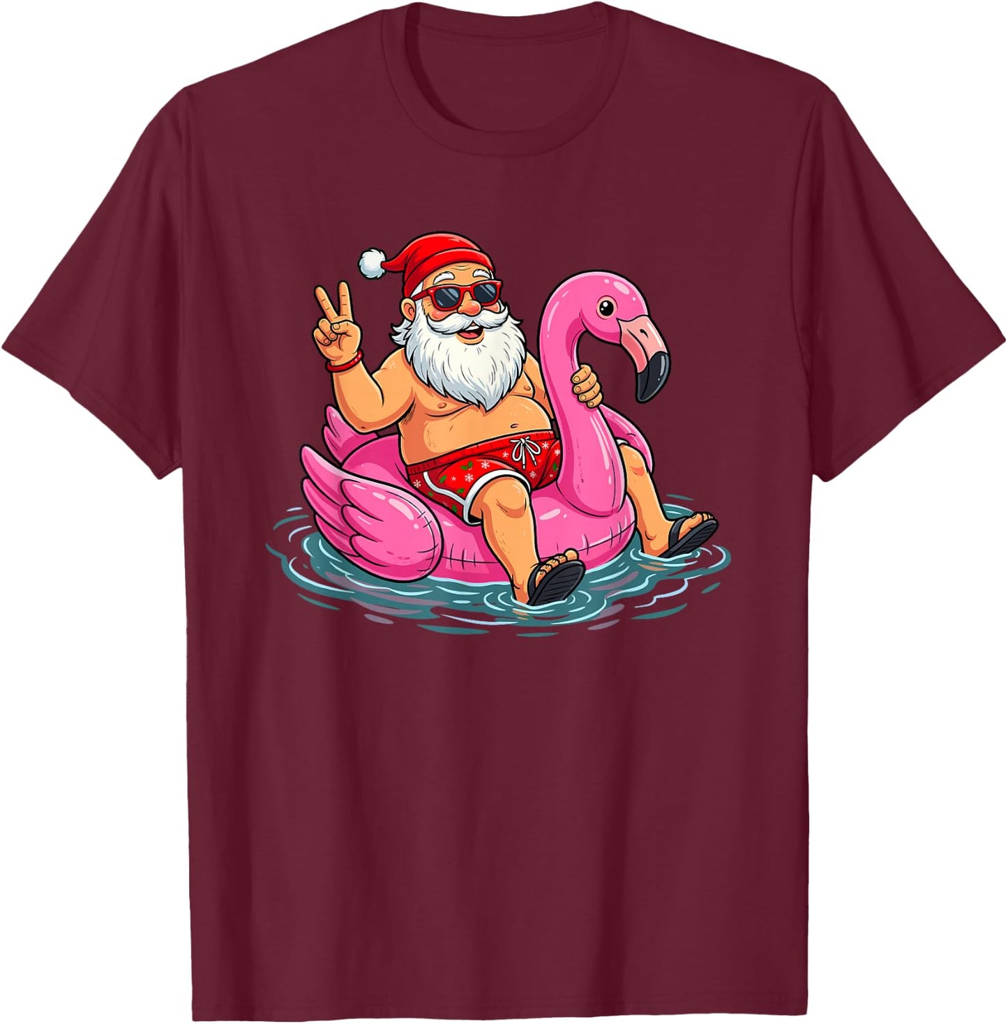 Christmas in June Sunglasses Santa Flamingo Summer T-Shirt - T-Shirt | Maroon