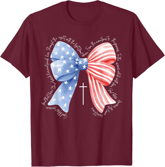 Coquette Bow Christian Jesus 250 Years American 4th of July T-Shirt - T-Shirt | Maroon