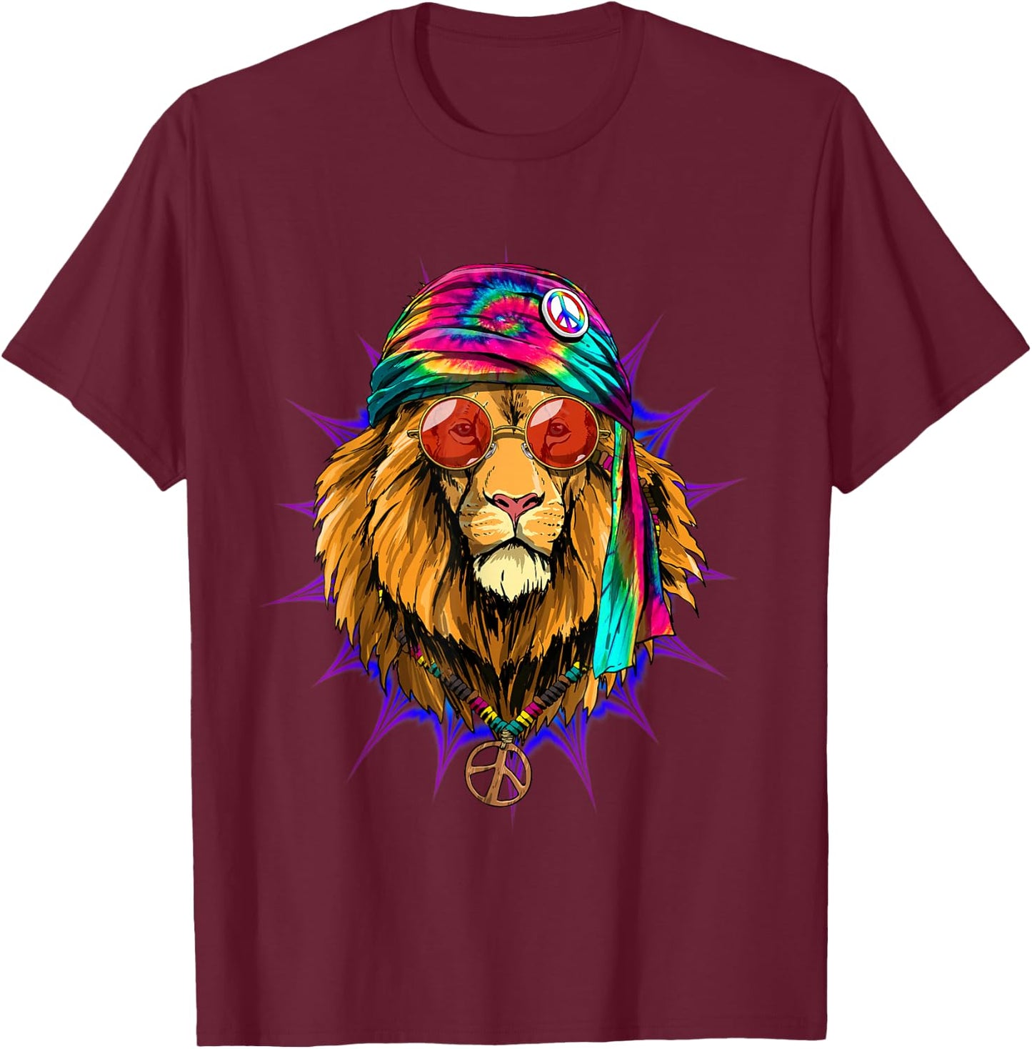 Tie Dye Hippie Lion Hippiness Peace Love Lion T-Shirt - T-Shirt | Maroon