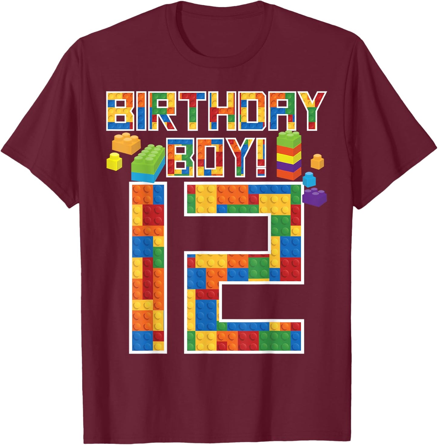 Cute 12th Birthday Gift 12 Years Old Block Building Boy Kid T-Shirt - T-Shirt | Maroon