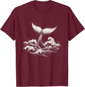 Whale Tail in Wave Graphic Design T-Shirt - T-Shirt | Maroon