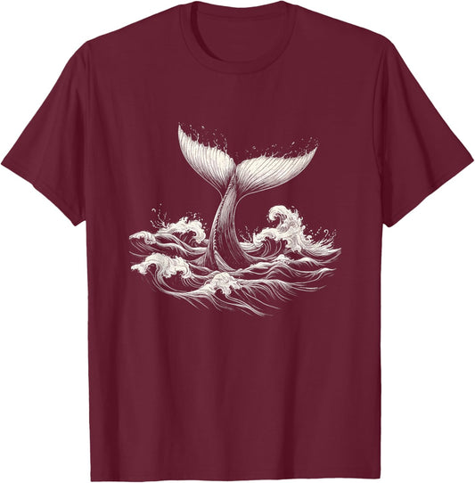 Whale Tail in Wave Graphic Design T-Shirt - T-Shirt | Maroon