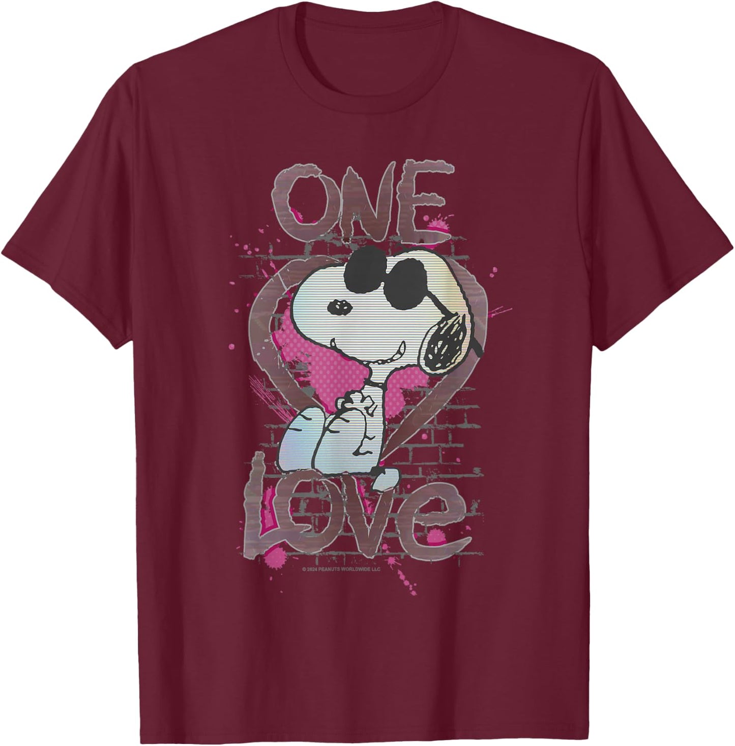 Peanuts Snoopy Joe Cool One Love Glitch Vintage Valentine's Day T-Shirt - T-Shirt | Maroon