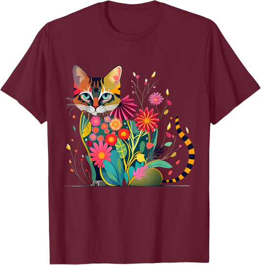 Stunning Cat in Wildflowers Cottagecore Aesthetic Cat Lover T-Shirt - T-Shirt | Maroon