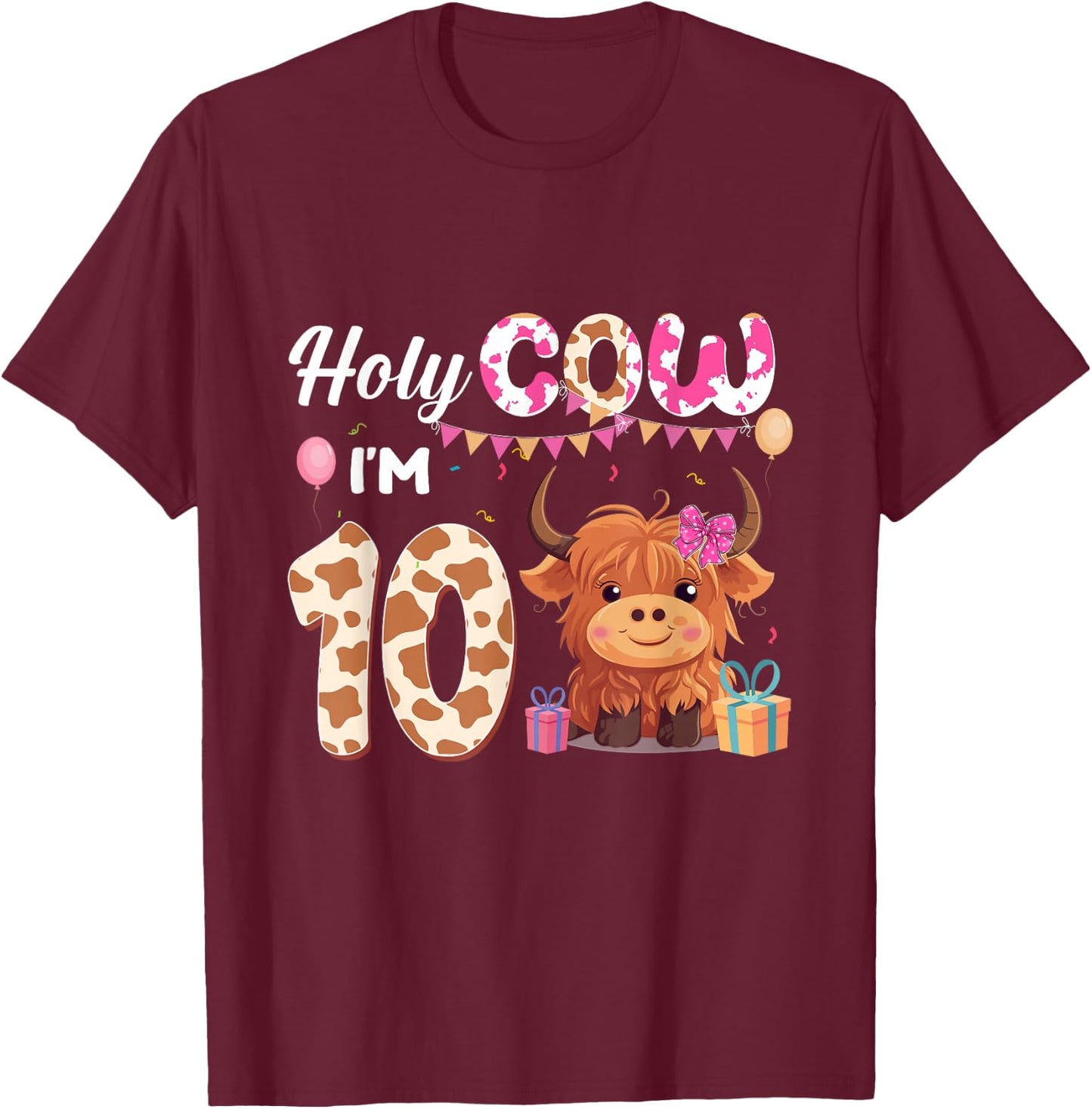 Holy Cow I'm 10 Year Old Birthday Highland Cow 10th Bday Kid T-Shirt - T-Shirt | Maroon