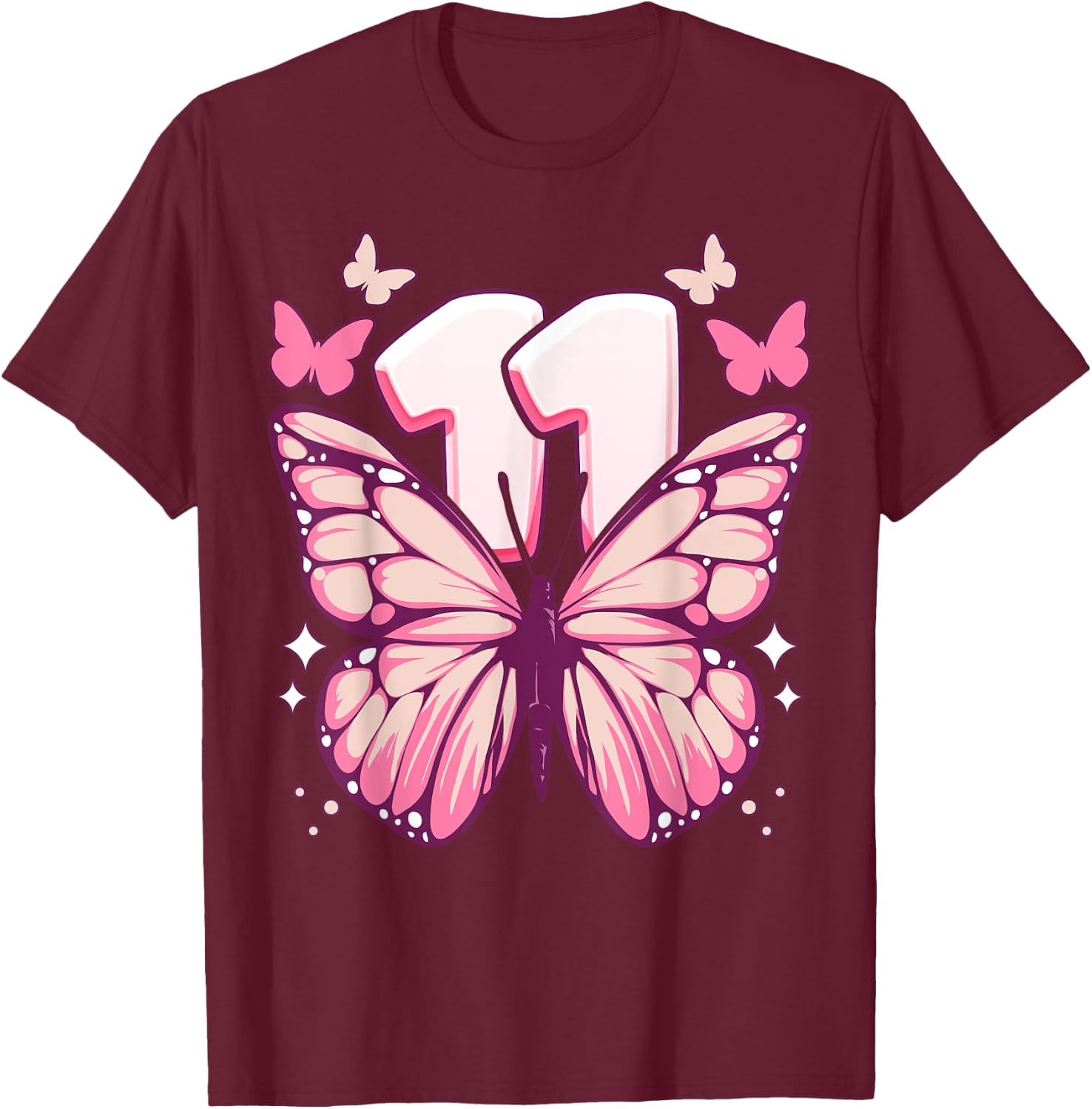 Geburtstagskind 11 Jahre, Schmetterlinge und Nummer 11 T-Shirt - T-Shirt | Maroon