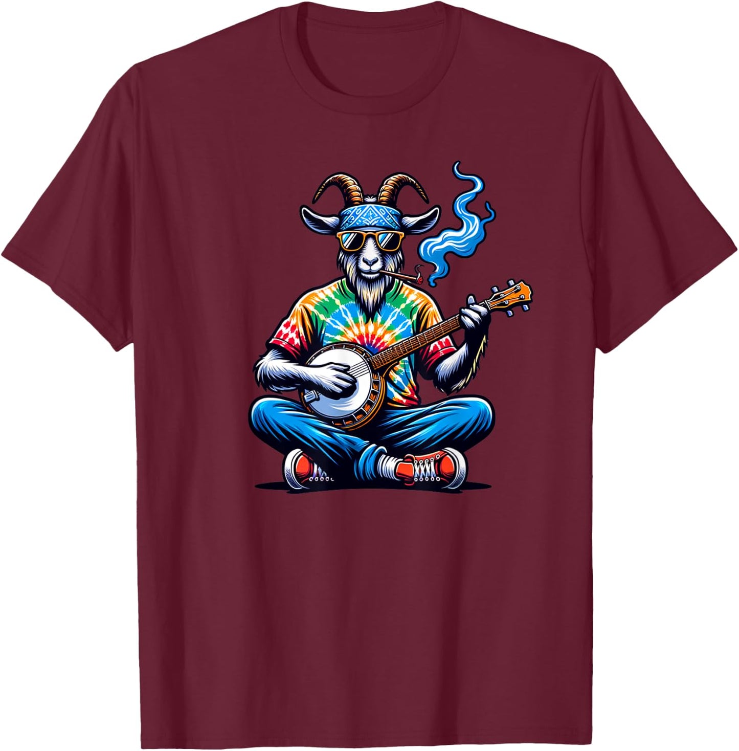 Goat Playing Bluegrass Music on a Banjo Wearing Tie Dye T-Shirt - T-Shirt | Maroon