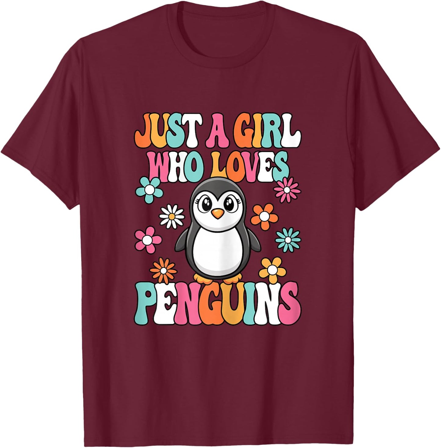 Just A Girl Who Loves Penguins Cute Groovy Penguin Kids T-Shirt - T-Shirt | Maroon