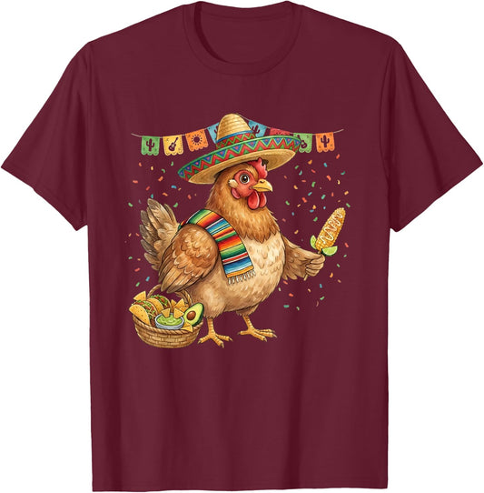 Mexican Chicken Poncho Cinco De Mayo Fiesta Sombrero Meme T-Shirt - T-Shirt | Maroon