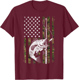 Fishing Camouflage American USA flag Fisherman T-Shirt - T-Shirt | Maroon
