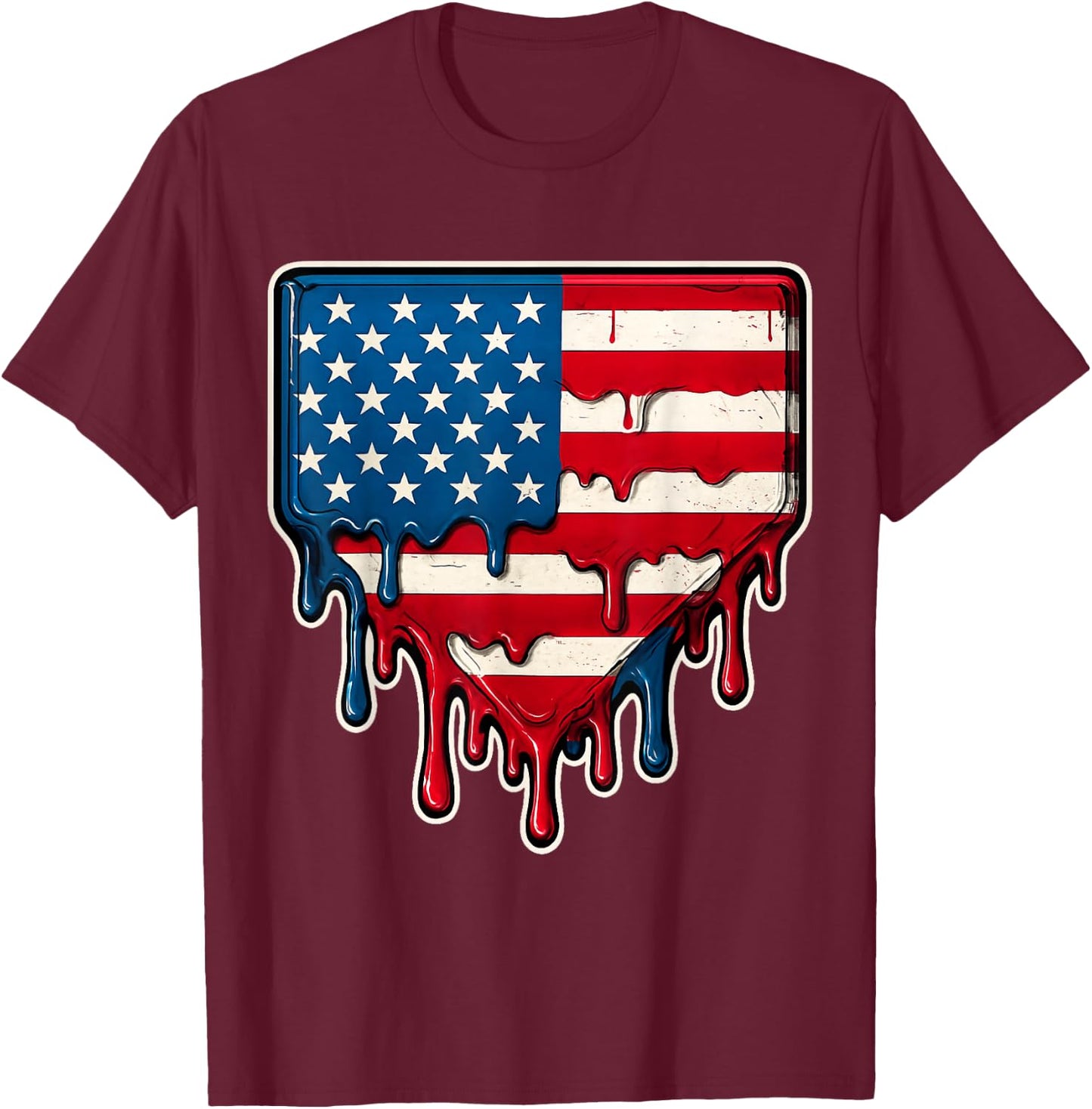 USA Flag 4th of July Baseball Drip Ice Cream Baseball Drippy T-Shirt - T-Shirt | Maroon