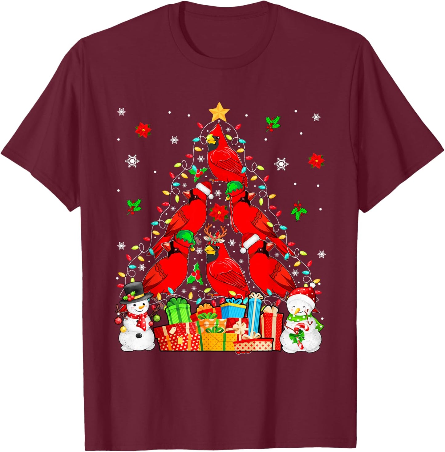 Group Santa Reindeer Elf Cardinal Birds As Xmas Tree Snowmen T-Shirt - T-Shirt | Maroon