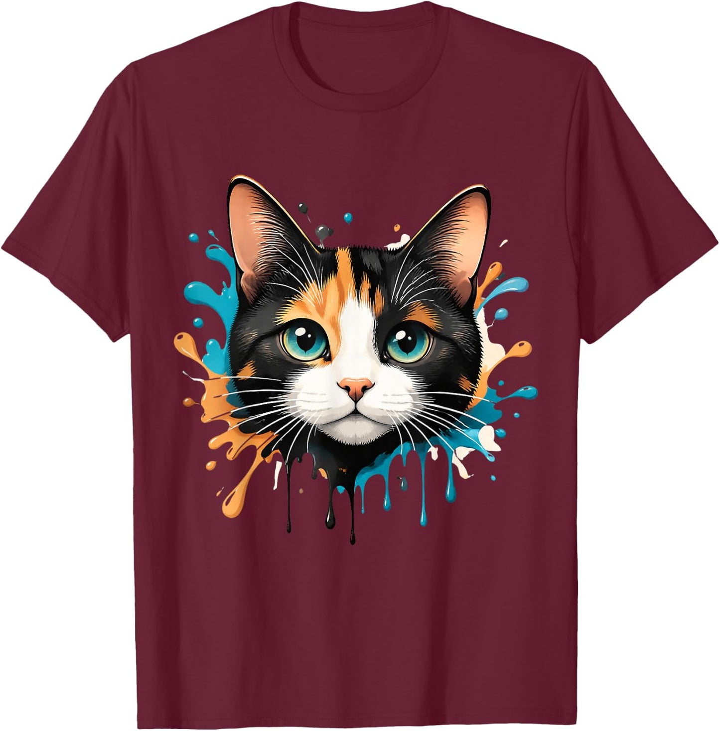 Motif Visage de Chat Splash Drip Pet Lover Kitten Parent Style Mignon T-Shirt - T-Shirt | Maroon