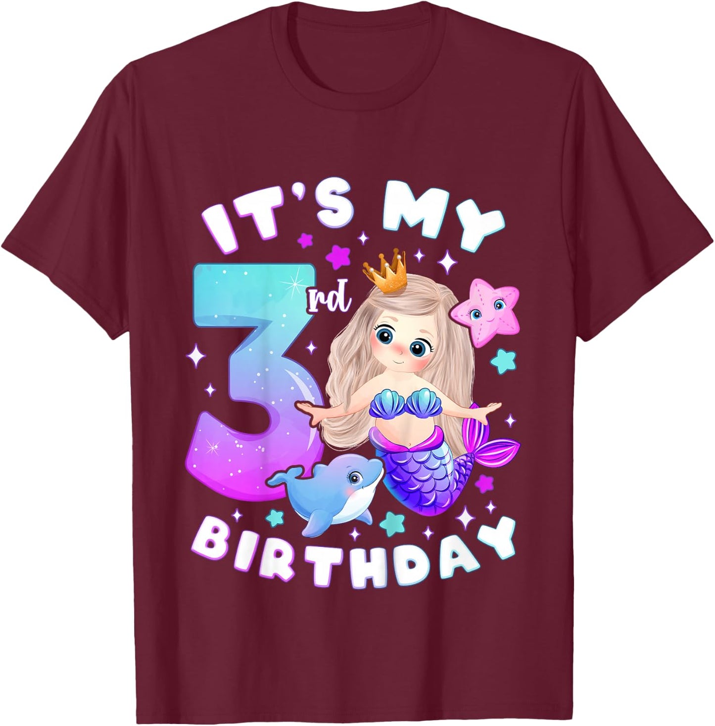 3rd Birthday Girl 3 Years Mermaid Number 3 T-Shirt - T-Shirt | Maroon