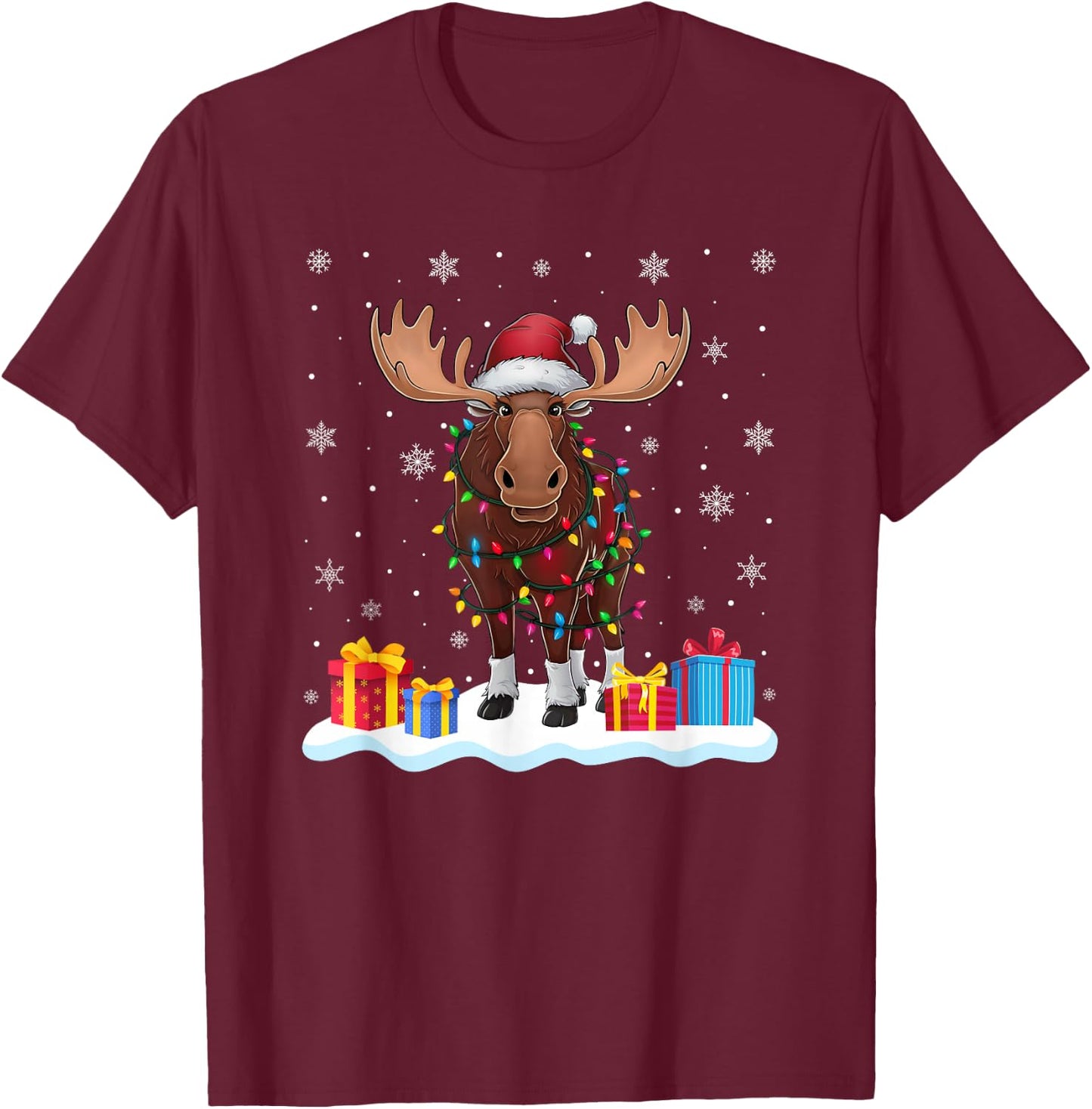 Moose Santa Hat Christmas Tree Light Xmas Pajama T-Shirt - T-Shirt | Maroon
