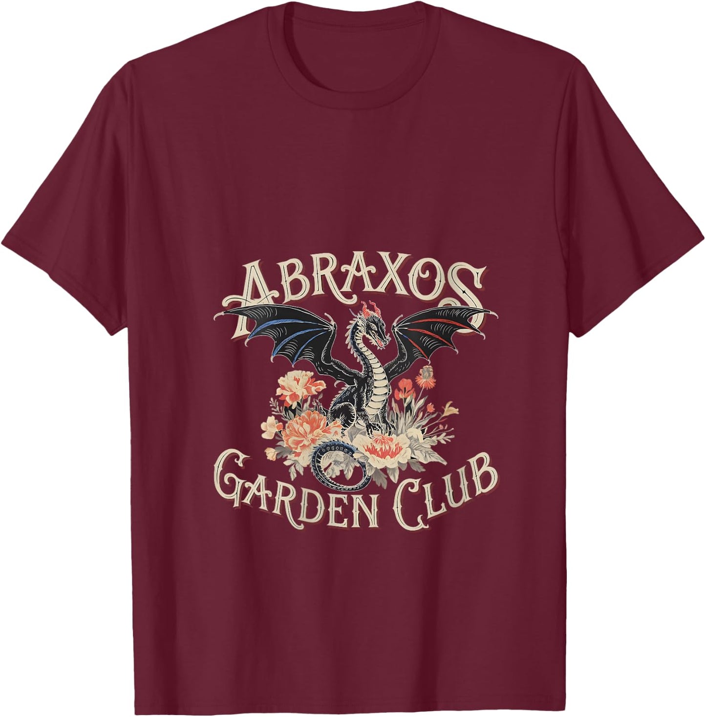 Abraxos Garden Club Dragon Vintage Fantasy Floral Design V-Neck T-Shirt - T-Shirt | Maroon