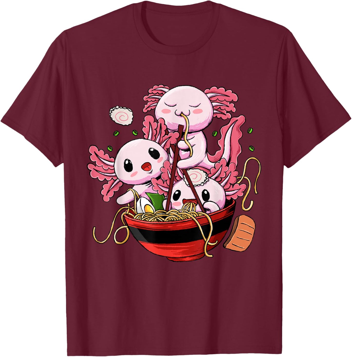 Axolotl Ramen Shirt - Kawaii Anime Axolotl Eating Ramen T-Shirt - T-Shirt | Maroon