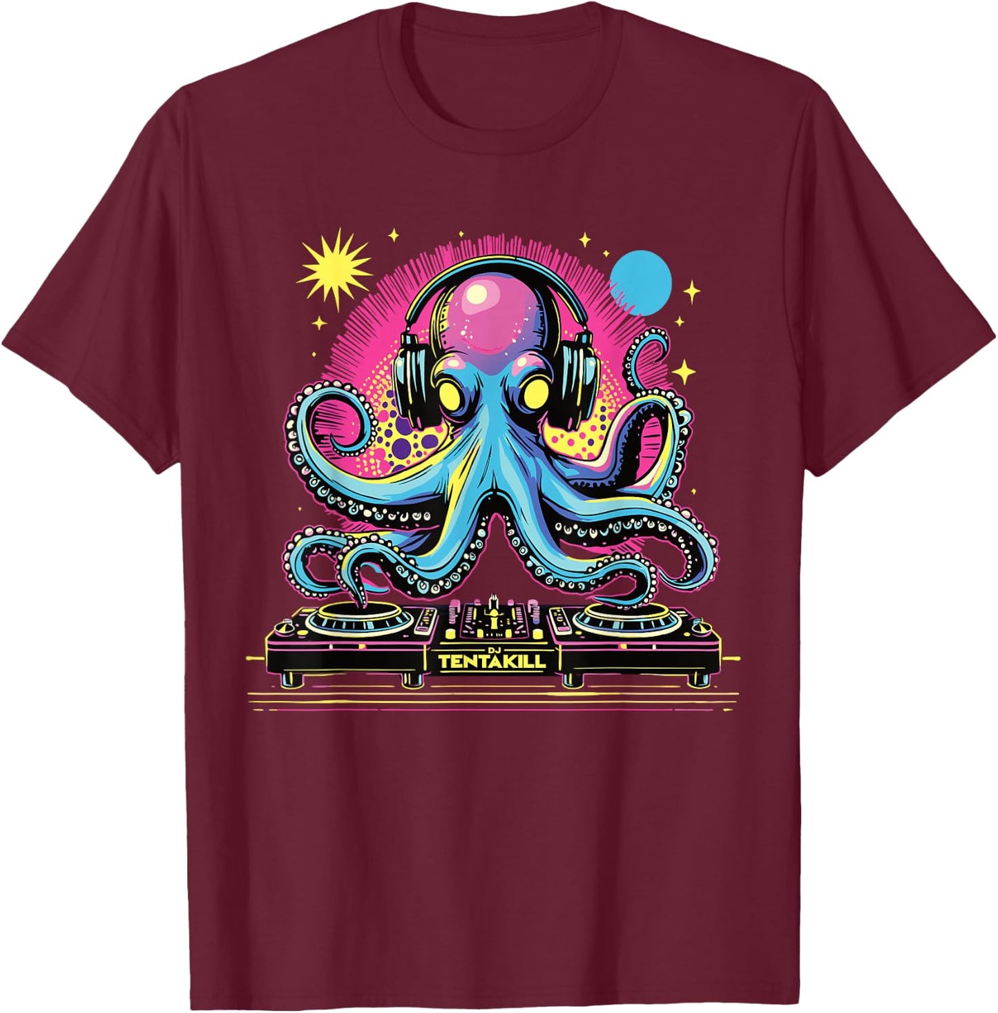 Trippy Octopus Alien Dj Funny EDM Festival Rave Cute Party T-Shirt - T-Shirt | Maroon