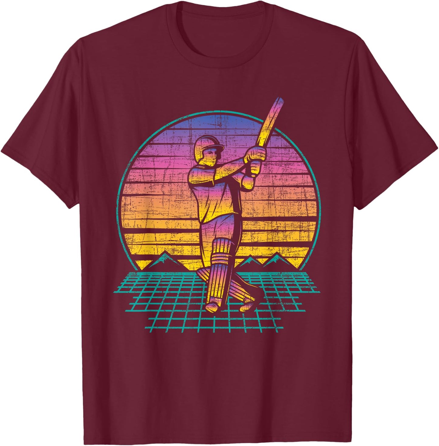 Retro Vintage Cricket Player - 80s Cricketer Batsman Batting T-Shirt - T-Shirt | Maroon