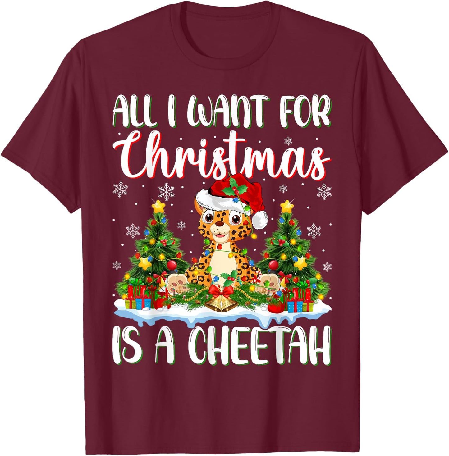 I Want For Christmas Is A Cheetah Xmas Tree Lights T-Shirt - T-Shirt | Maroon