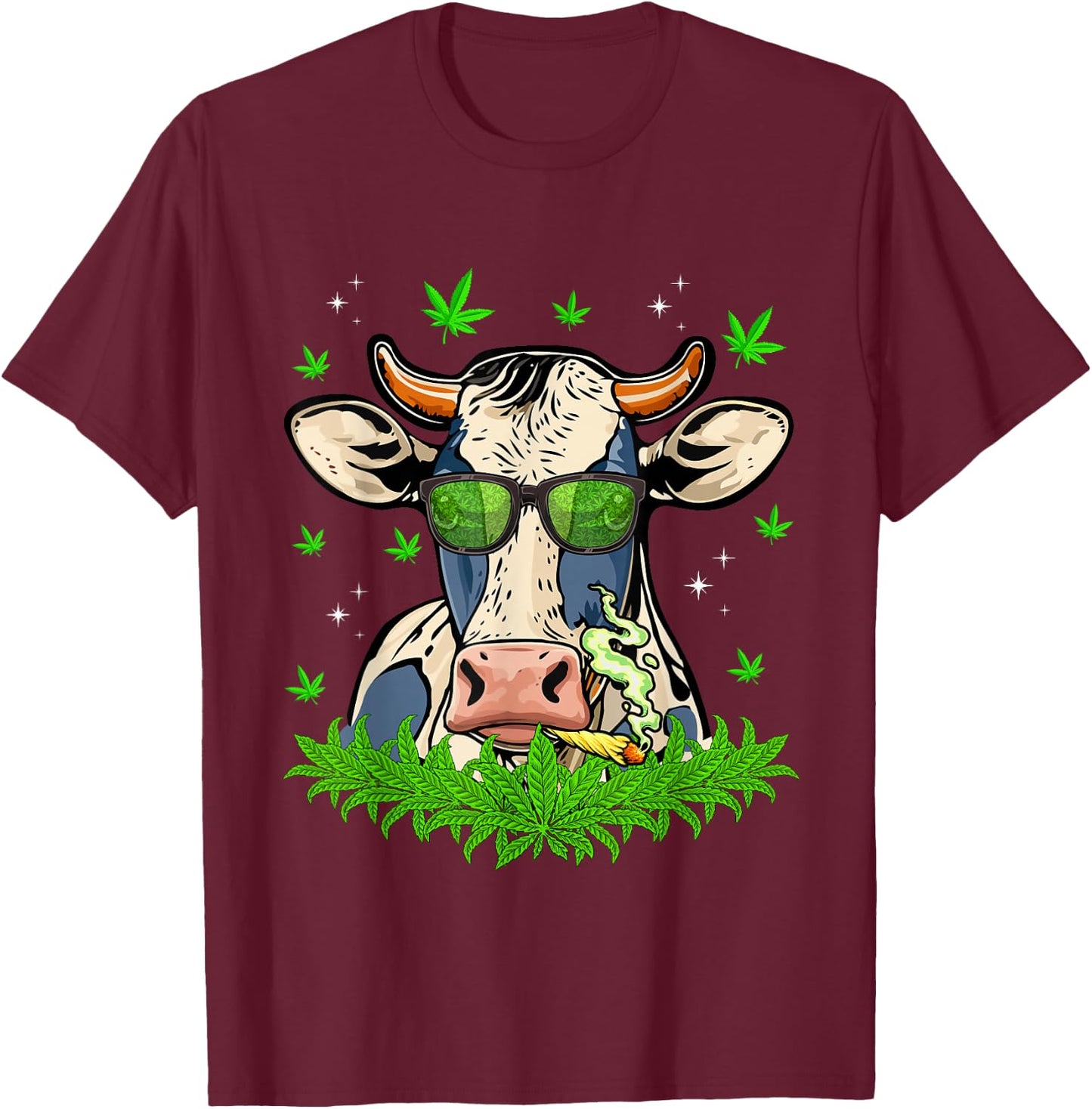 Funny Cow Smoking Weed Sunflower Animals Farming Dad Papa T-Shirt - T-Shirt | Maroon