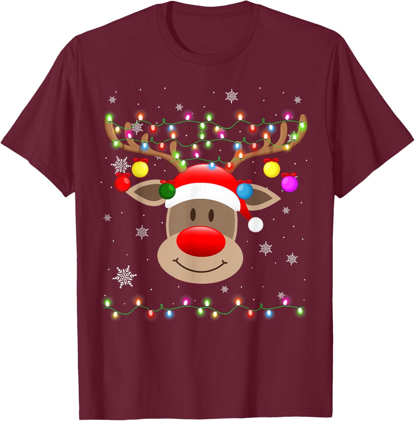 Red Nose Reindeer Snowflakes Chirstmas Lights T-Shirt - T-Shirt | Maroon
