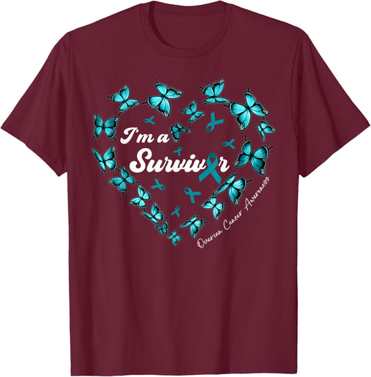 I'm A Survivor Ovarian Cancer Awareness Teal Butterfly Heart T-Shirt - T-Shirt | Maroon