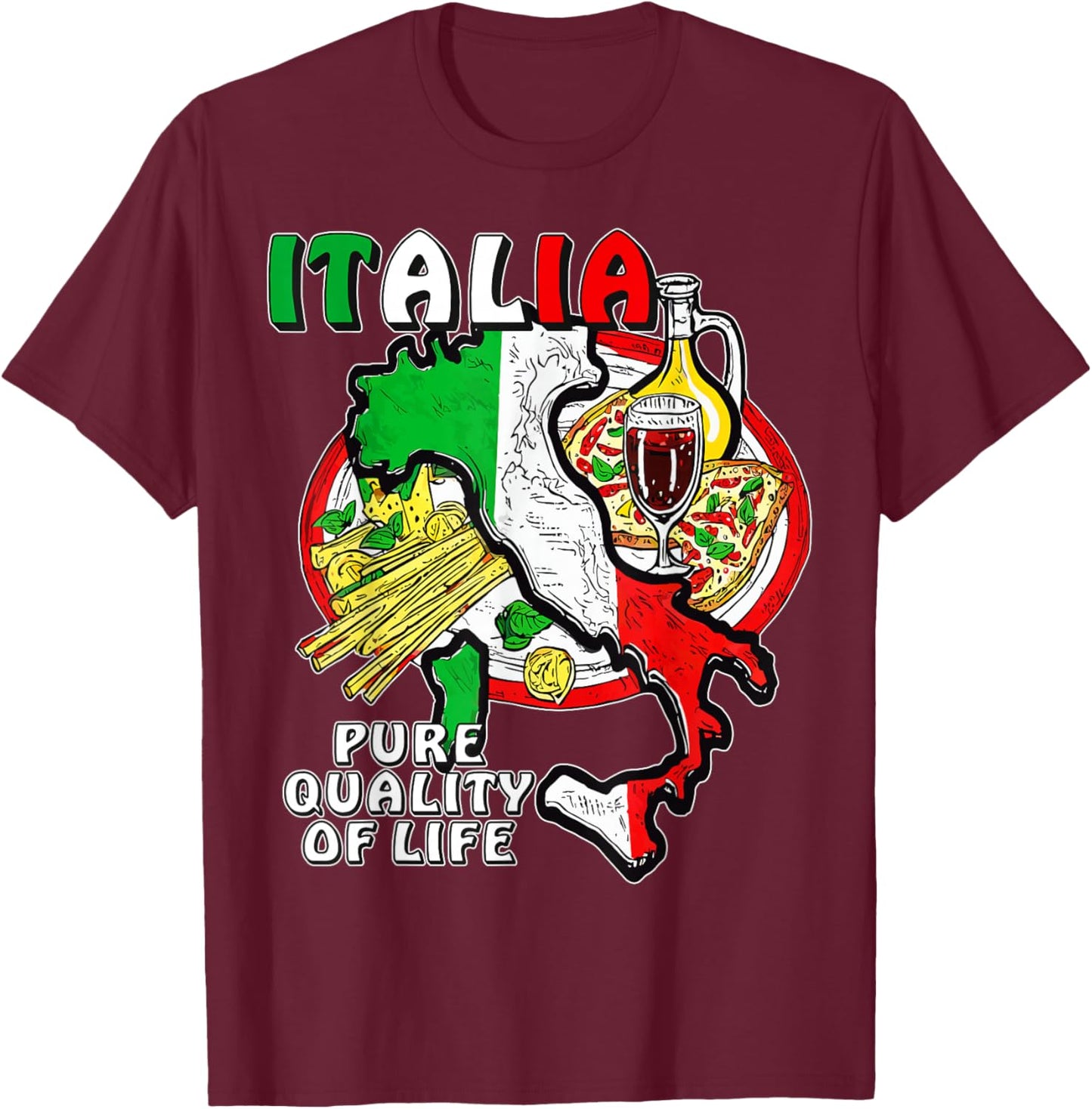 with German Text "Entdecke Italien Liebe Für Essen Kultur Geschichte Italien" [, black T-Shirt - T-Shirt | Maroon