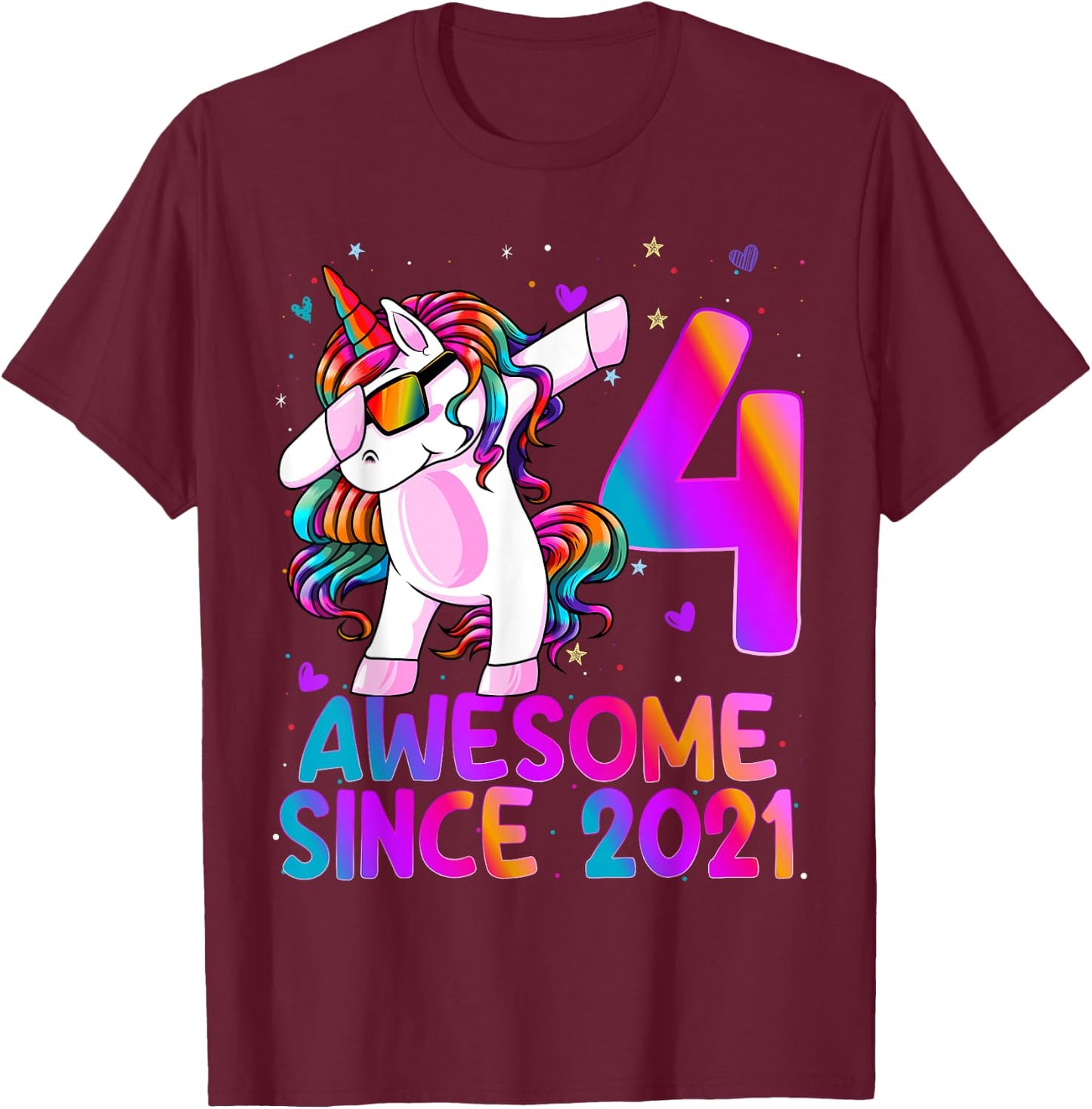 Dabbing Unicorn 4 Year Old 4th Birthday Girl Unicorn Party T-Shirt - T-Shirt | Maroon