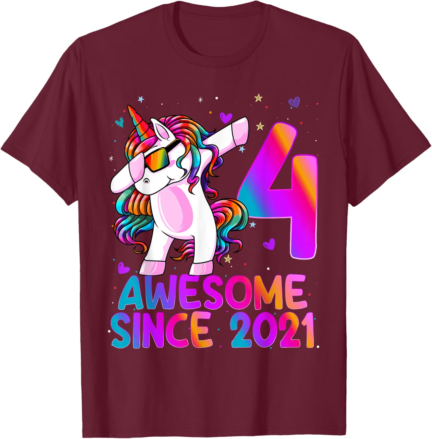 Dabbing Unicorn 4 Year Old 4th Birthday Girl Unicorn Party T-Shirt - T-Shirt | Maroon