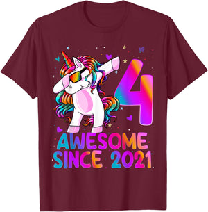 Dabbing Unicorn 4 Year Old 4th Birthday Girl Unicorn Party T-Shirt - T-Shirt | Maroon