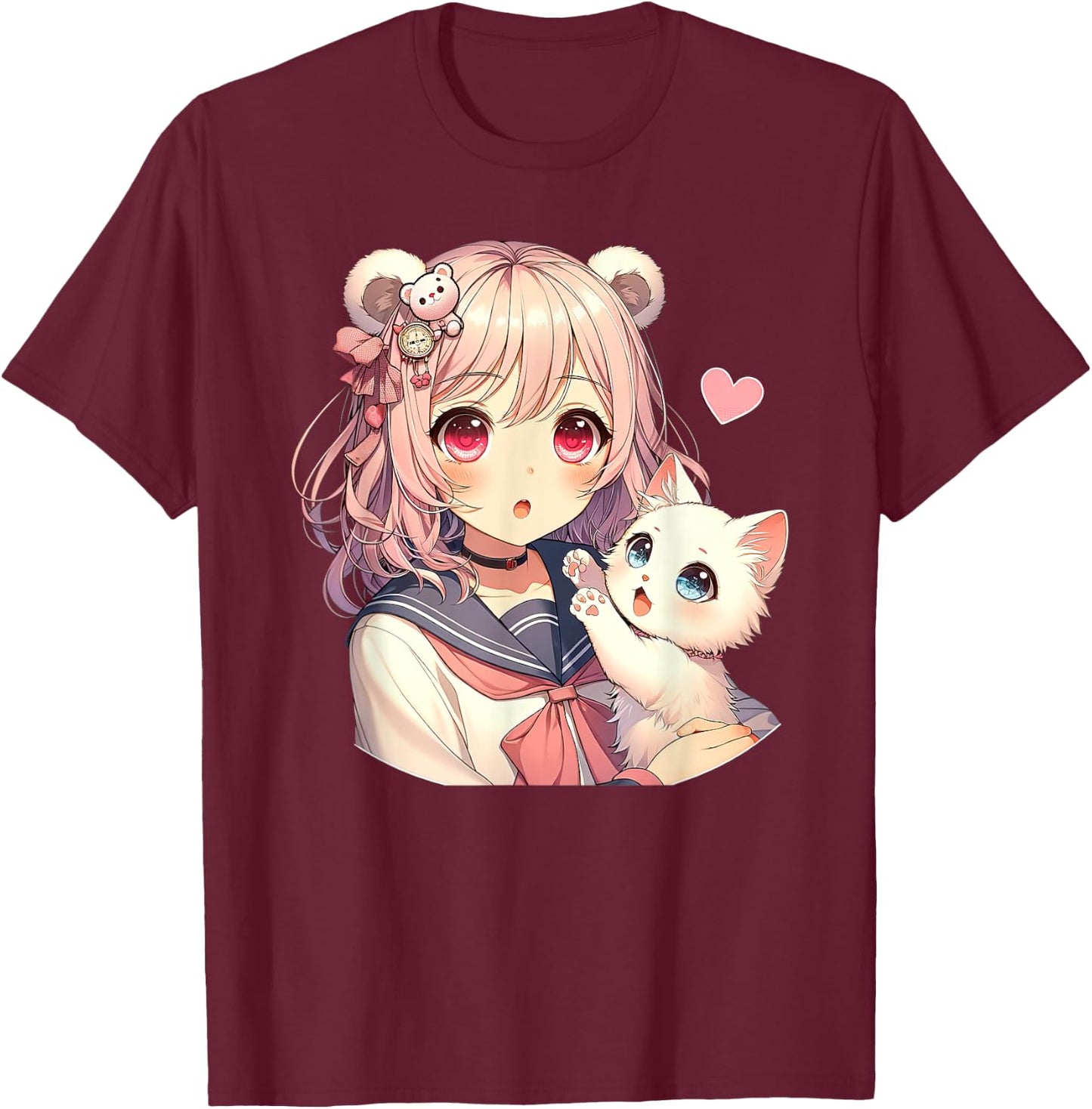 Anime Kawaii, girl with cute cat, adorable pink design, Otaku , Black, S T-Shirt - T-Shirt | Maroon