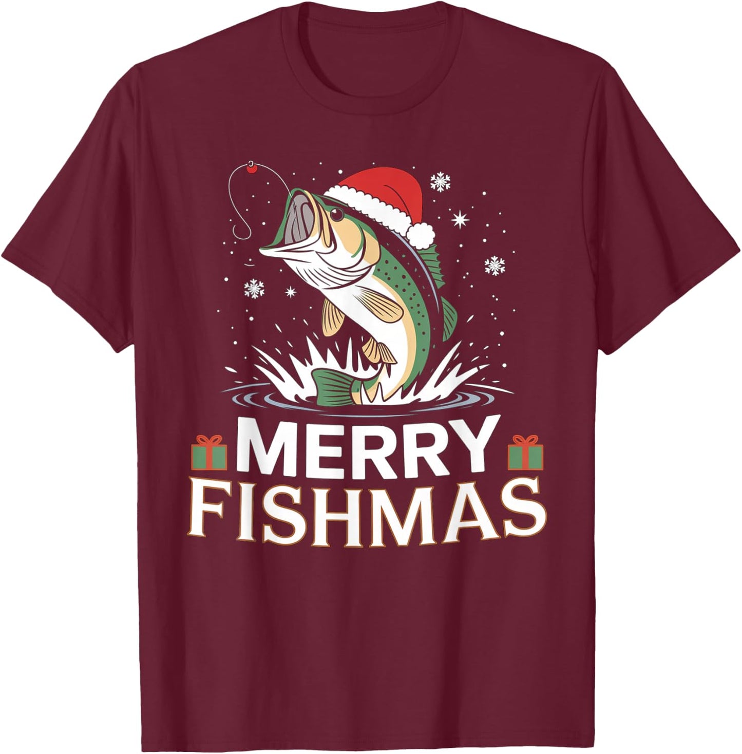 Merry Fishmas, Funny Fishing Design for Christmas , Black, S T-Shirt - T-Shirt | Maroon