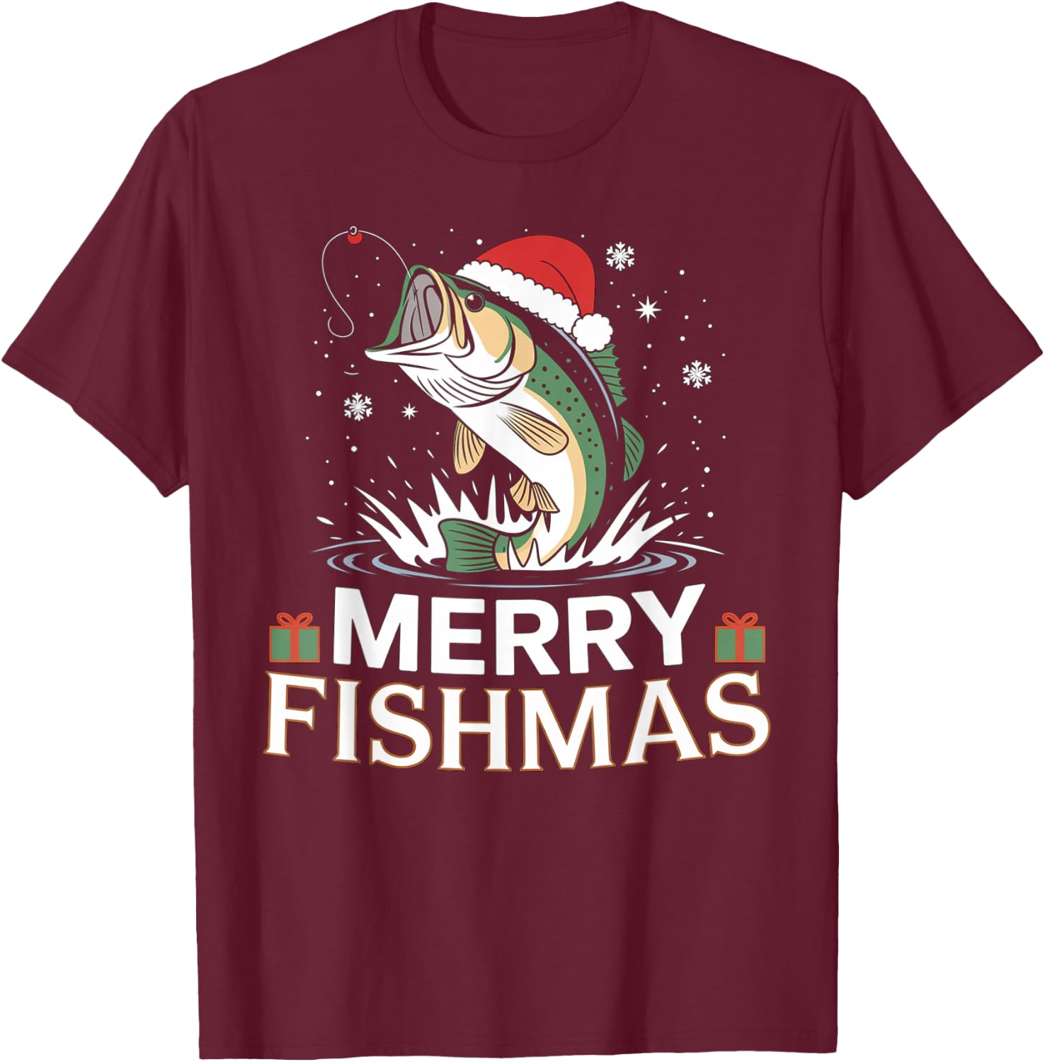 Merry Fishmas, Funny Fishing Design for Christmas , Black, S T-Shirt - T-Shirt | Maroon
