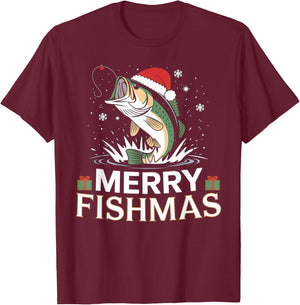 Merry Fishmas, Funny Fishing Design for Christmas , Black, S T-Shirt - T-Shirt | Maroon