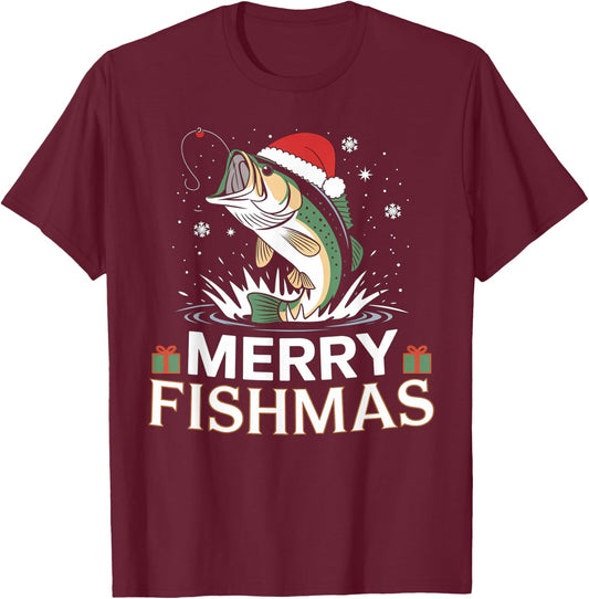 Merry Fishmas, Funny Fishing Design for Christmas , Black, S T-Shirt - T-Shirt | Maroon