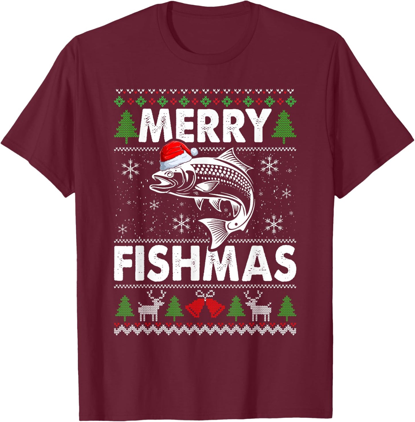 Merry Fishmas Fisherman Fishing Ugly Christmas T-Shirt - T-Shirt | Maroon