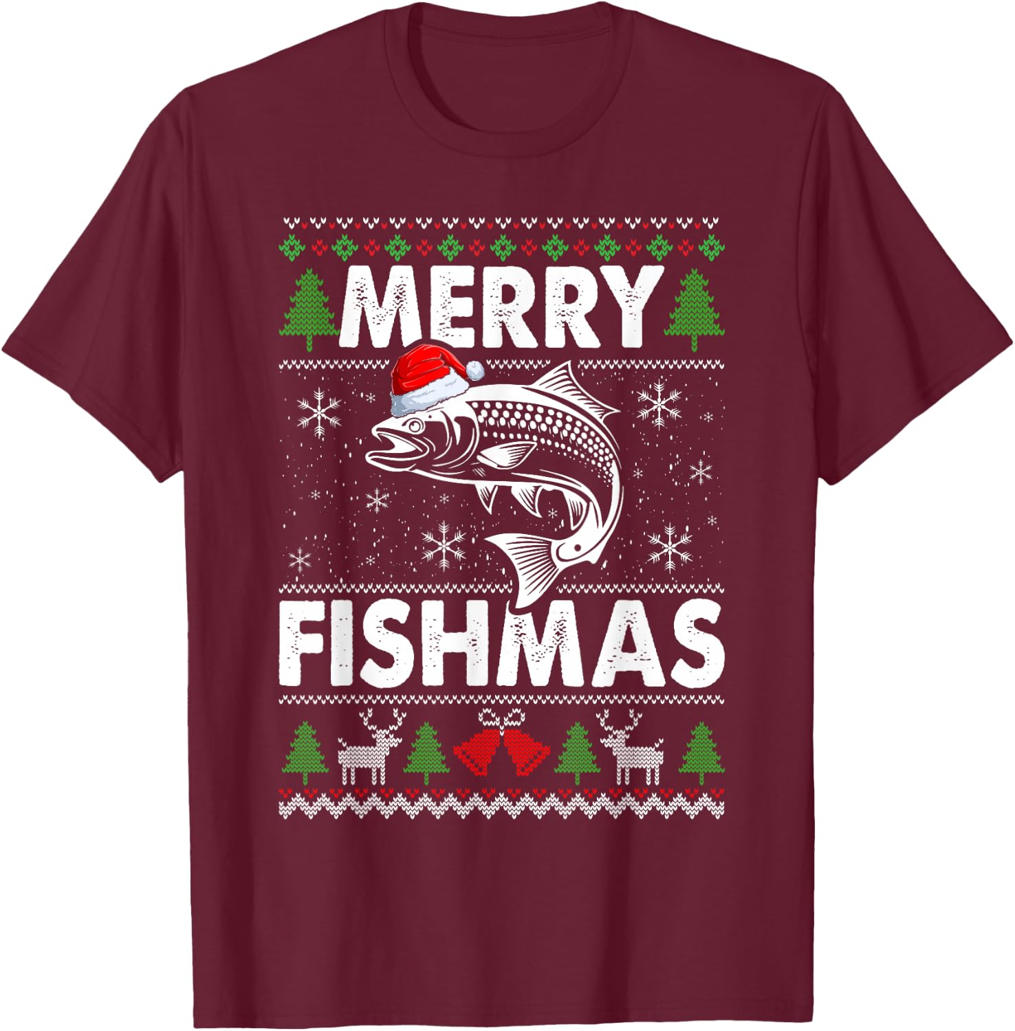 Merry Fishmas Fisherman Fishing Ugly Christmas T-Shirt - T-Shirt | Maroon