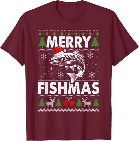 Merry Fishmas Fisherman Fishing Ugly Christmas T-Shirt - T-Shirt | Maroon