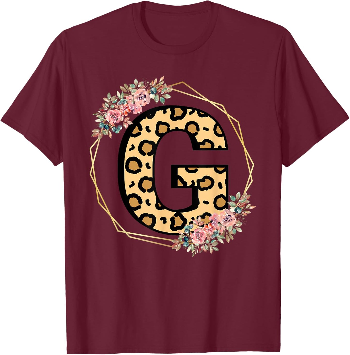 Leopard Letter G Initial Flower Monogram Women Girls T-Shirt - T-Shirt | Maroon