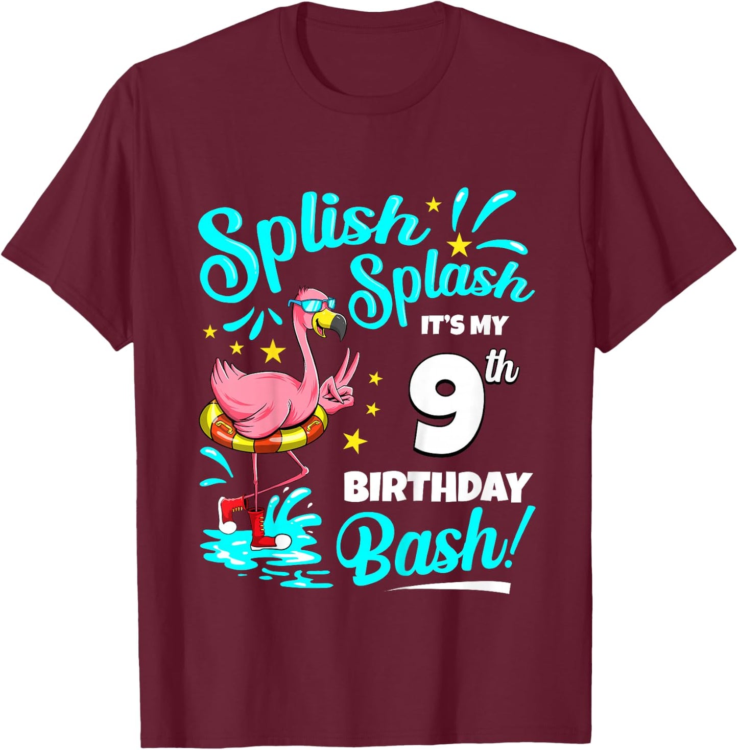 9th Birthday Flamingo 9 Years Old Pool Party Summer T-Shirt - T-Shirt | Maroon