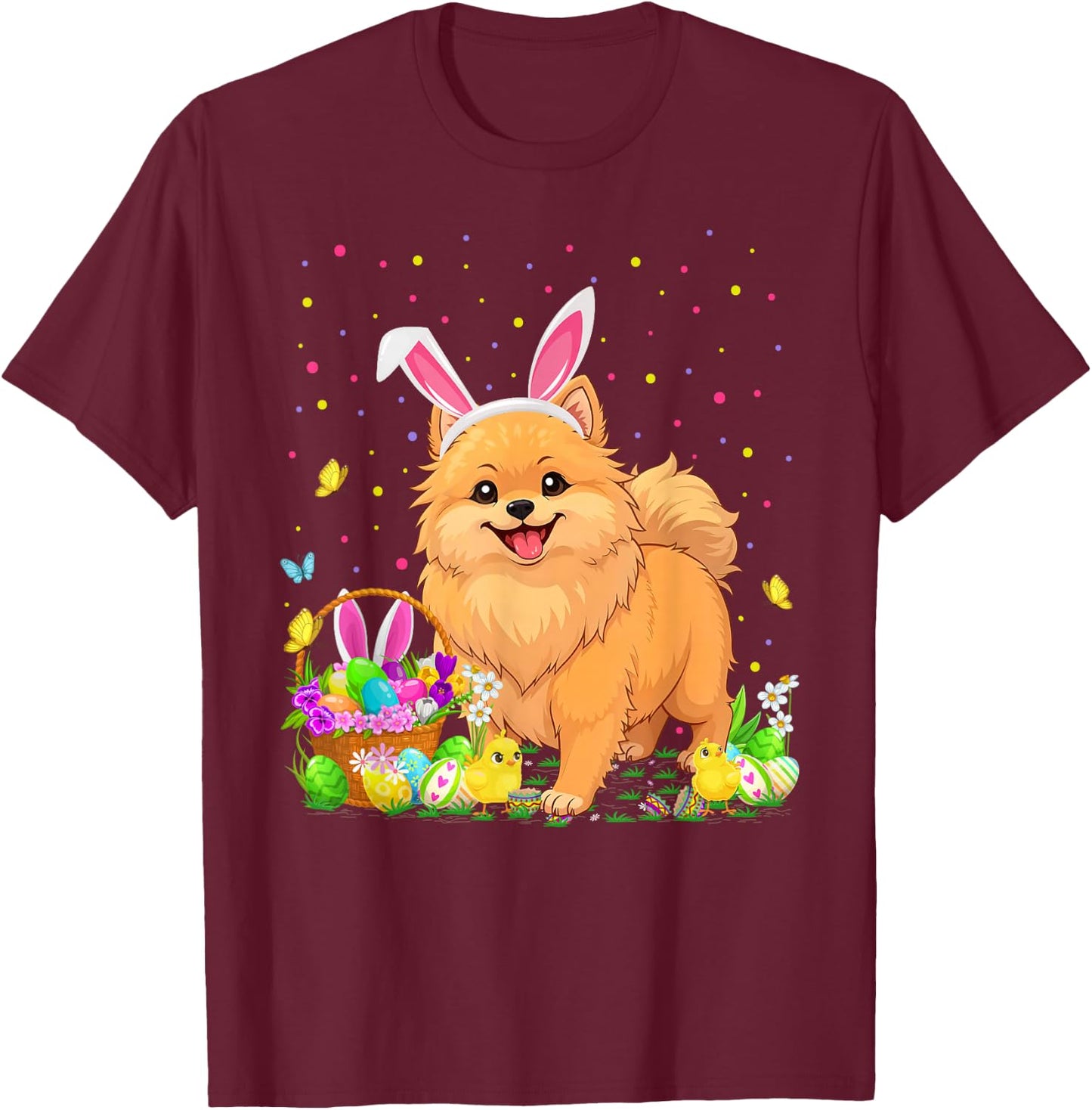 Pomeranian Dog Easter Egg Hunt Bunny Ear Pomeranian Easter T-Shirt - T-Shirt | Maroon