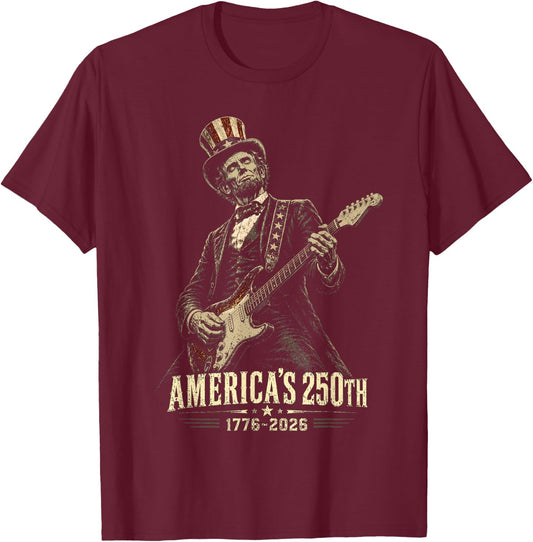 Abraham Lincoln Playing Guitar 250th Anniversary 4th July T-Shirt - T-Shirt | Maroon