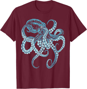Deep Sea Blue Octopus in Combat Posture, black T-Shirt - T-Shirt | Maroon