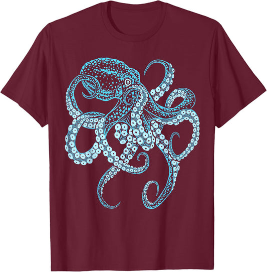 Deep Sea Blue Octopus in Combat Posture, black T-Shirt - T-Shirt | Maroon