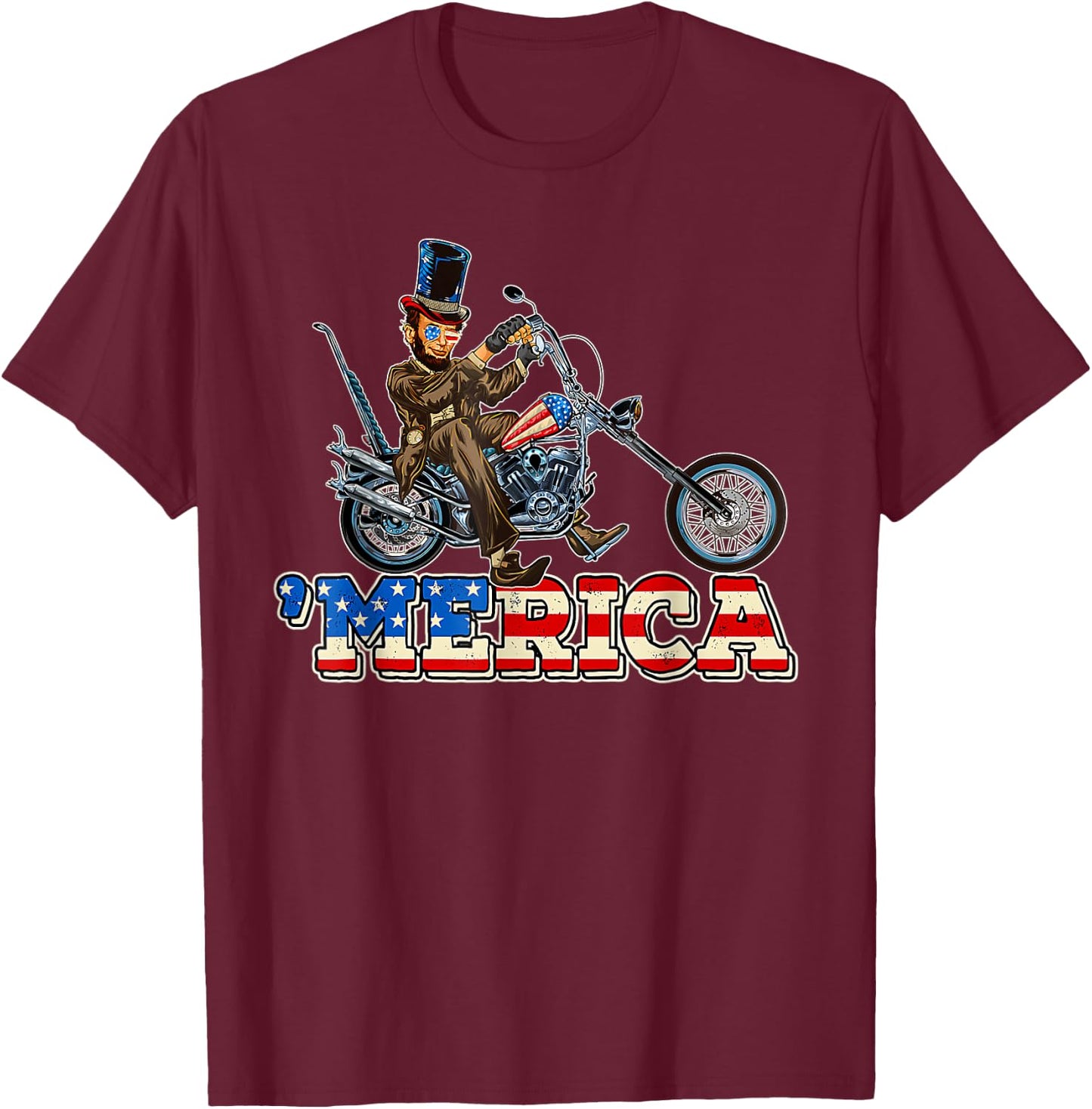 4th of July Themed Abe Lincoln riding a Chopper motorcycle Kids Men T-Shirt - T-Shirt | Maroon