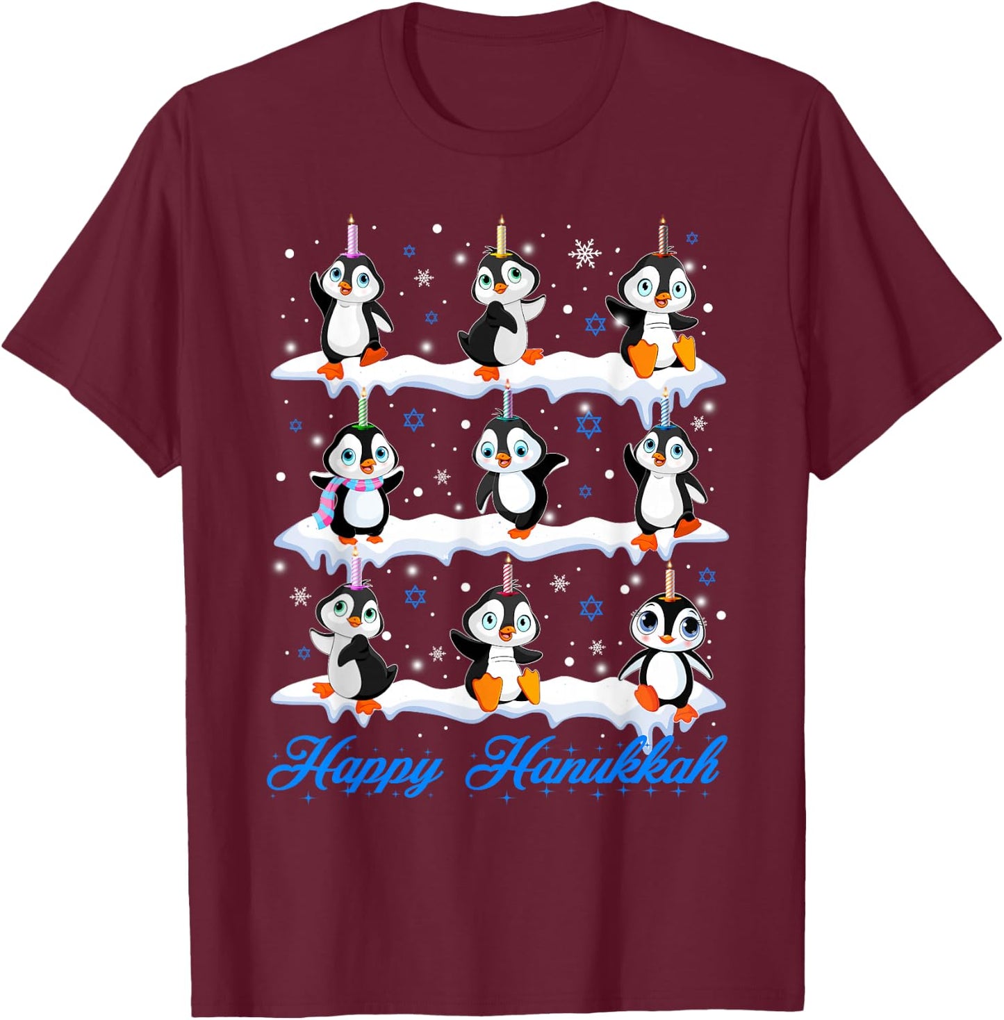 Happy Hanukkah Penguin Chanukkah Jewish Holiday Pajama T-Shirt - T-Shirt | Maroon