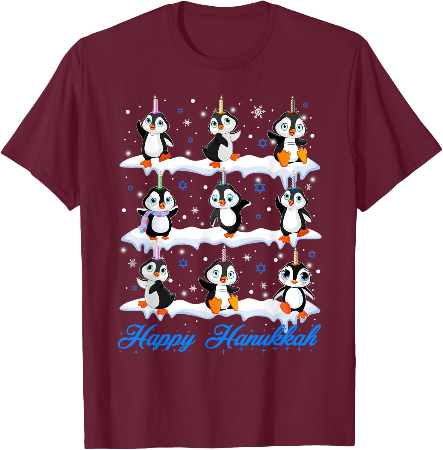 Happy Hanukkah Penguin Chanukkah Jewish Holiday Pajama T-Shirt - T-Shirt | Maroon